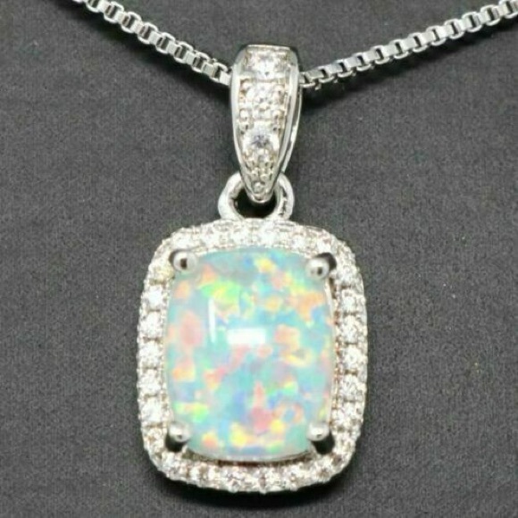 3Ct Cushion Cut Fire Opal Diamond Halo Pendant 18" Necklace Sterling Silver - Picture 9 of 10